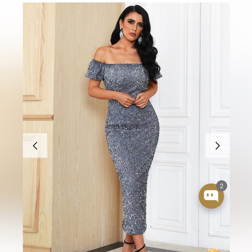 Miss Ord Off Shoulder Glitter/Sequin Midi Cocktail Dress Size M Blue/Grey